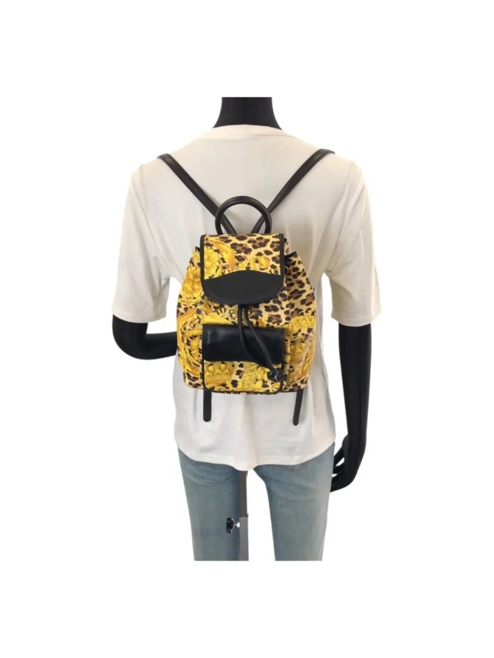 Versace Vintage Baroque Pattern Yellow Black Gold Leather Backpack